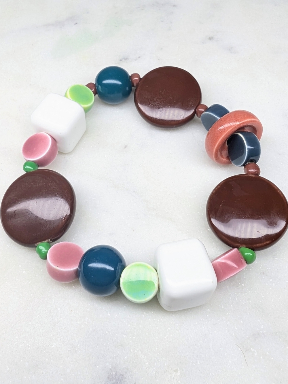 Colorful Mixed Ceramic Bead Women's Bracelet - Brown, White, Pink, Green, Teal